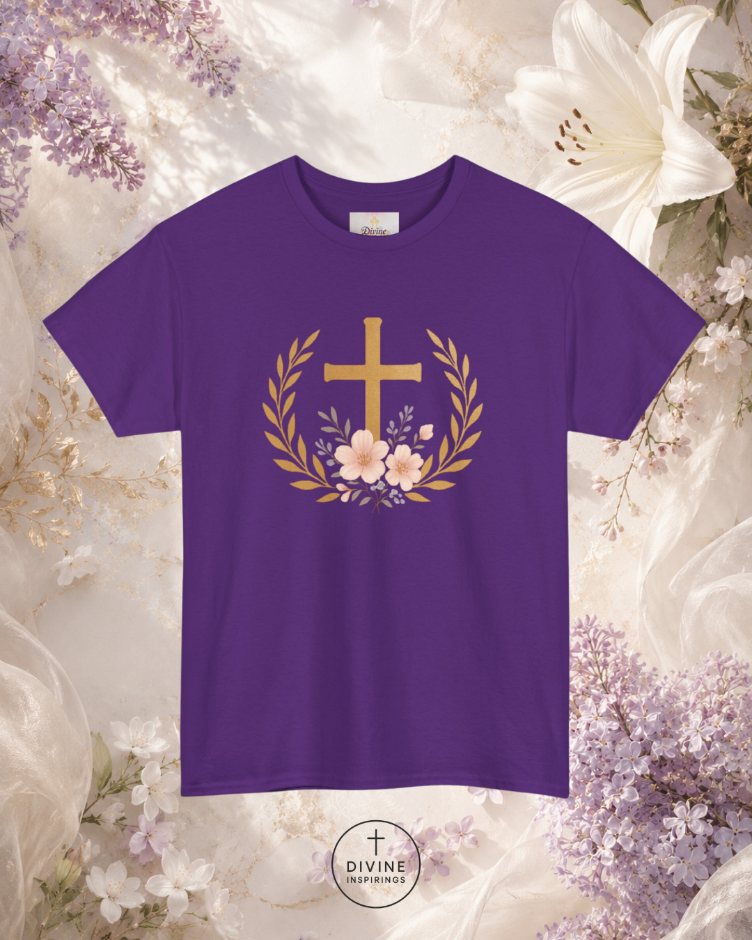 Purple t-shirt with a gold cross and flowers on a floral background