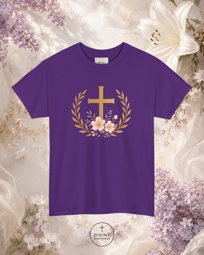 Purple t-shirt with a gold cross and flowers on a floral background