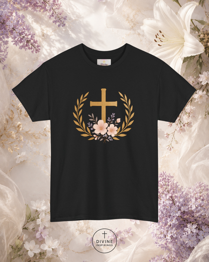 Black t-shirt with a gold cross and floral design on a floral background