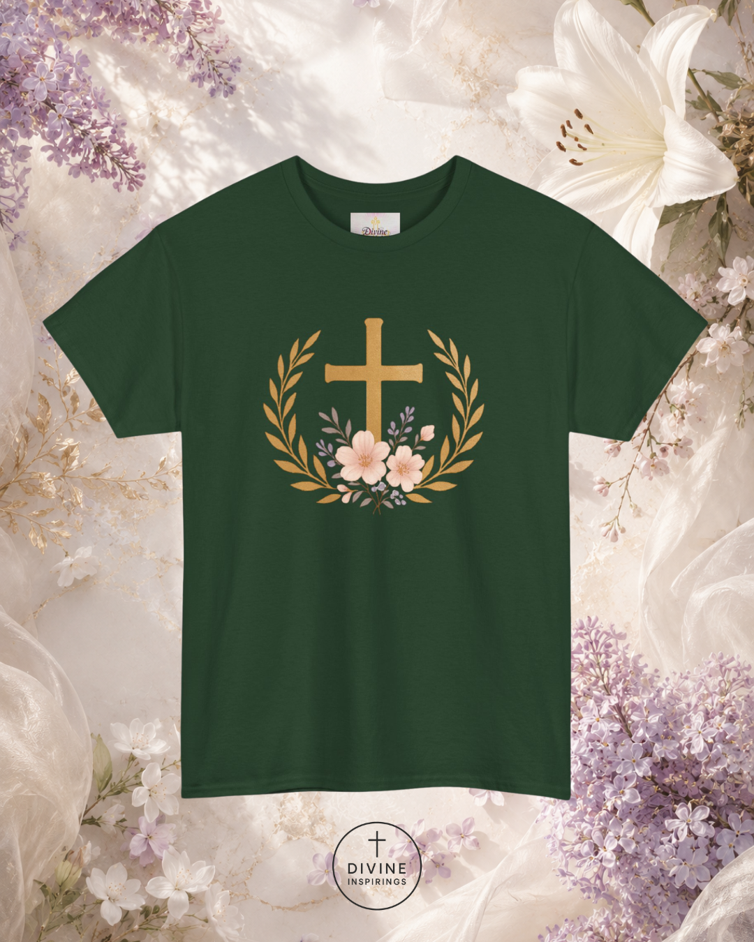 Green t-shirt with a cross and floral design on a floral background