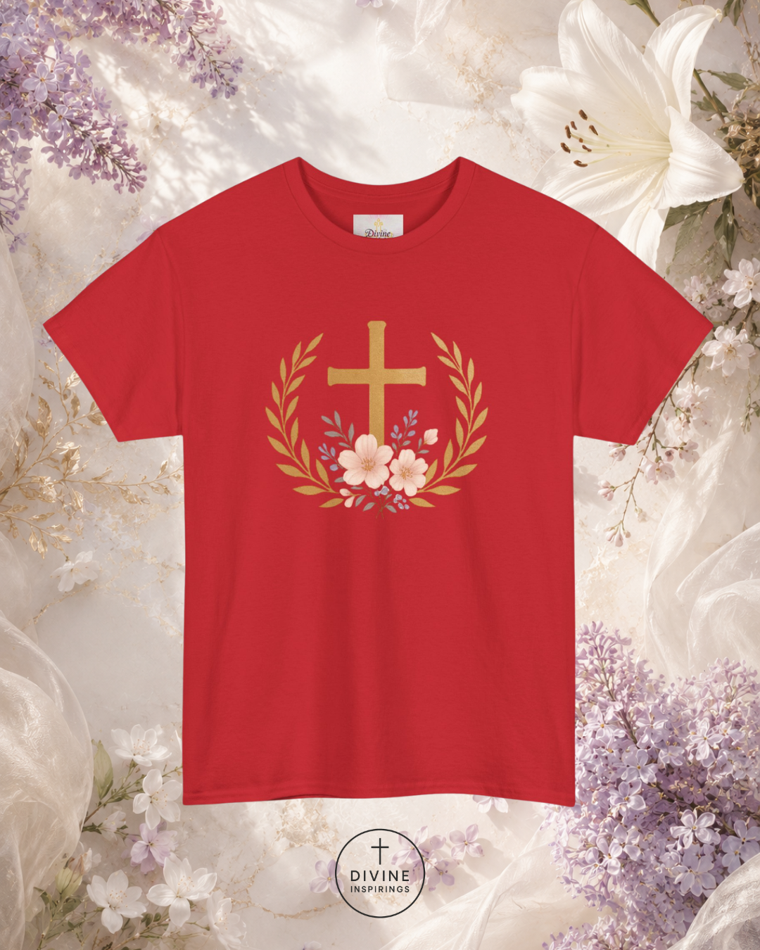 Red t-shirt with a gold cross and flowers design on a floral background