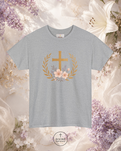 Gray t-shirt with a gold cross and flowers design on a floral background