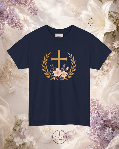 Black t-shirt with a gold cross and floral design on a floral background
