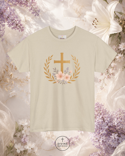 Light green t-shirt with a cross and floral design on a floral background