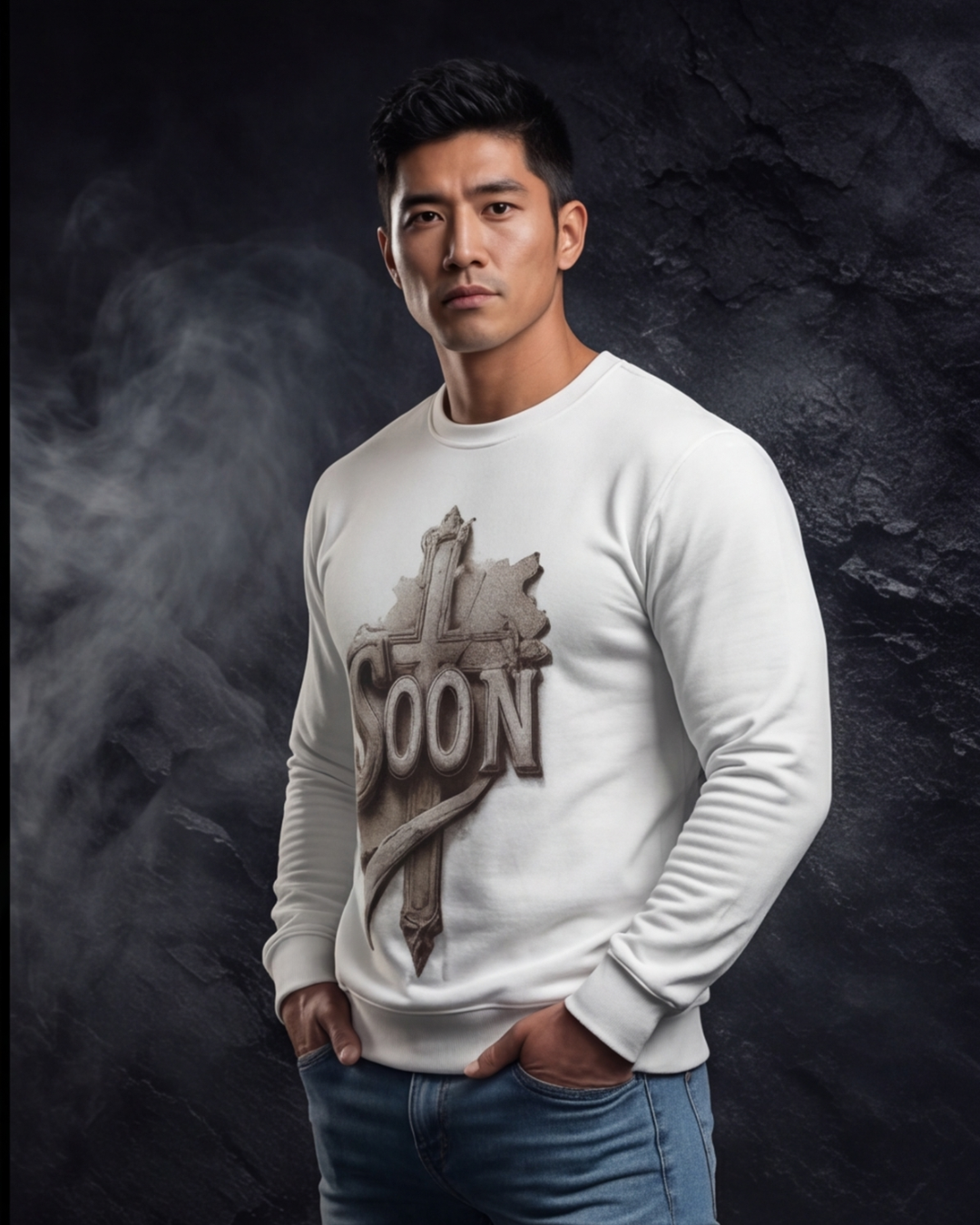 Man wearing a white sweatshirt with a graphic design on a dark background