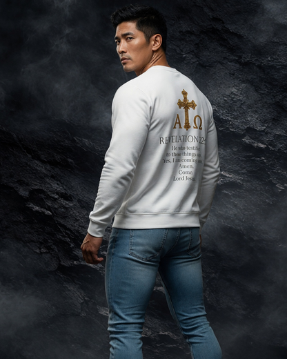Man wearing a white sweatshirt with text and symbols on the back against a dark textured background