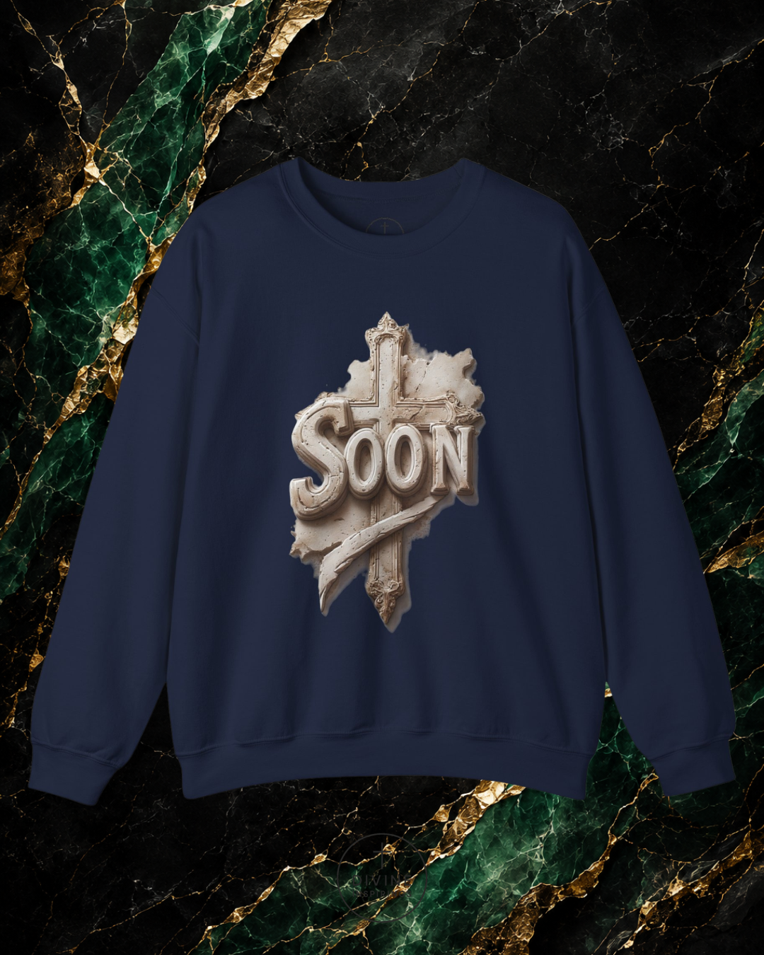 Navy blue sweatshirt with 'SOON' graphic on a marble background