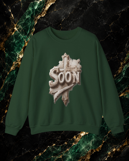 Green sweatshirt with 'SOON' graphic on a marble background