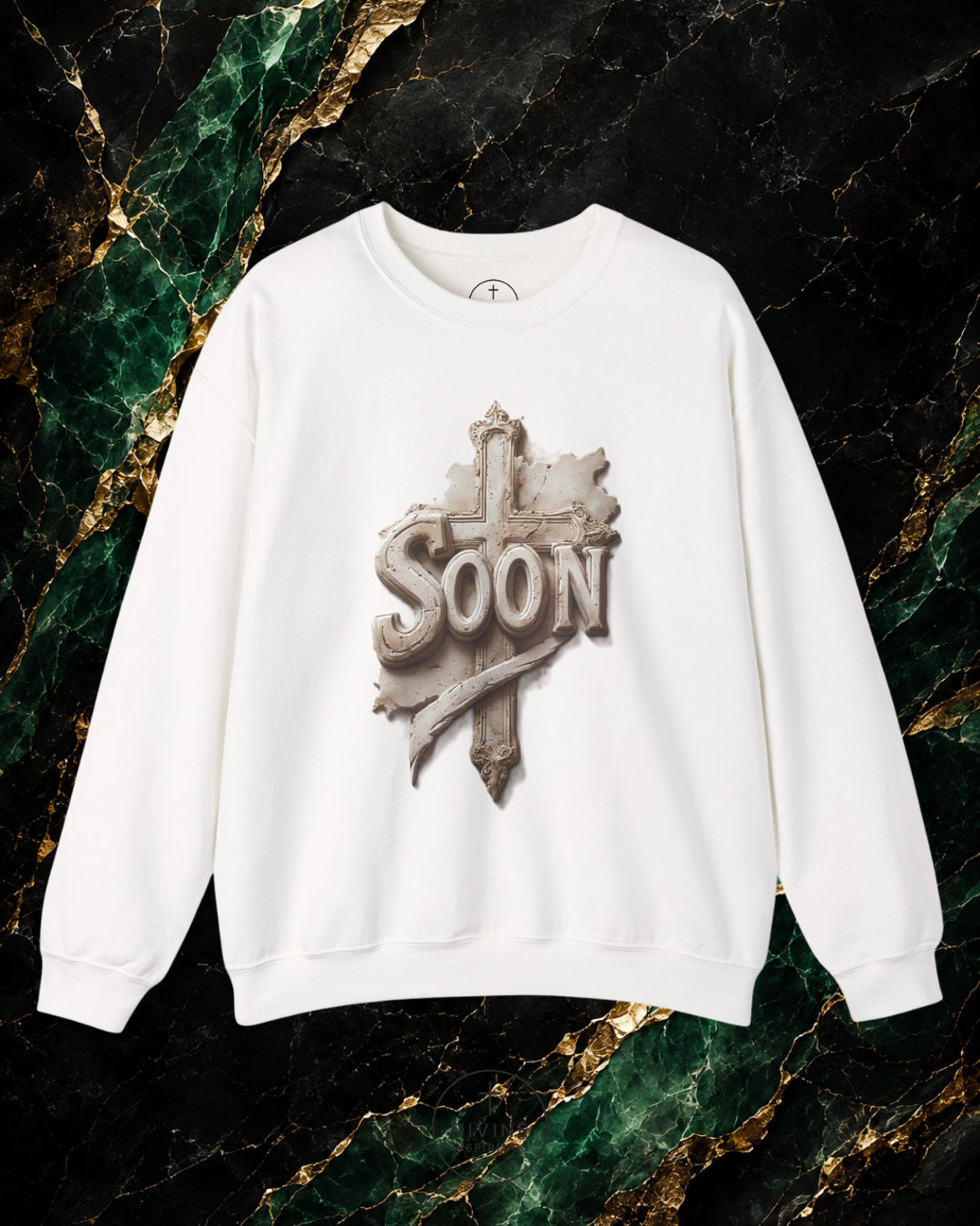 White sweatshirt with 'SOON' graphic on a marble background