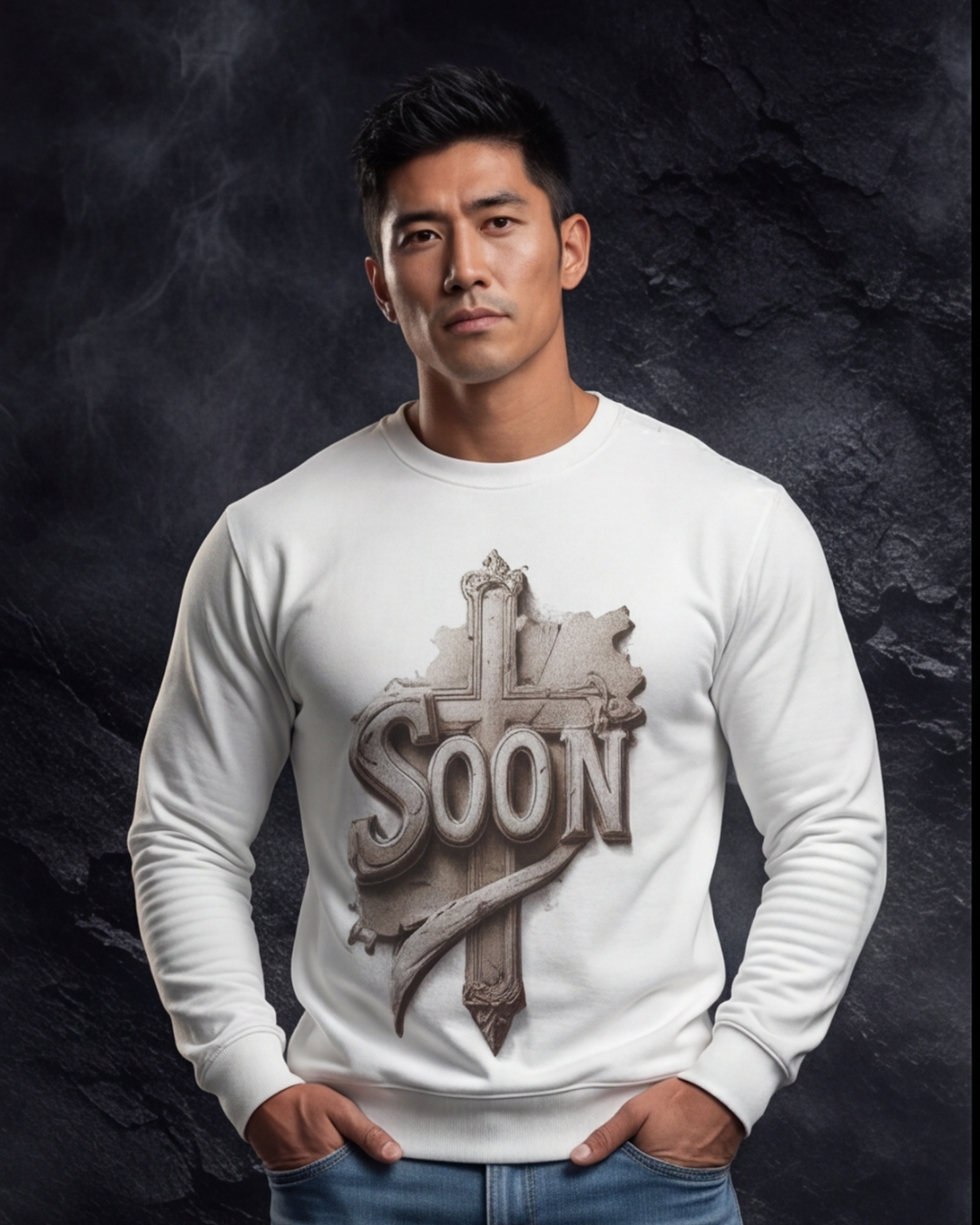 Man wearing a white sweatshirt with 'Soon' design on a dark background