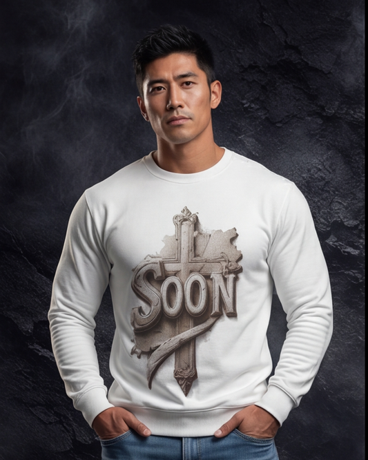 Man wearing a white sweatshirt with 'Soon' design on a dark background