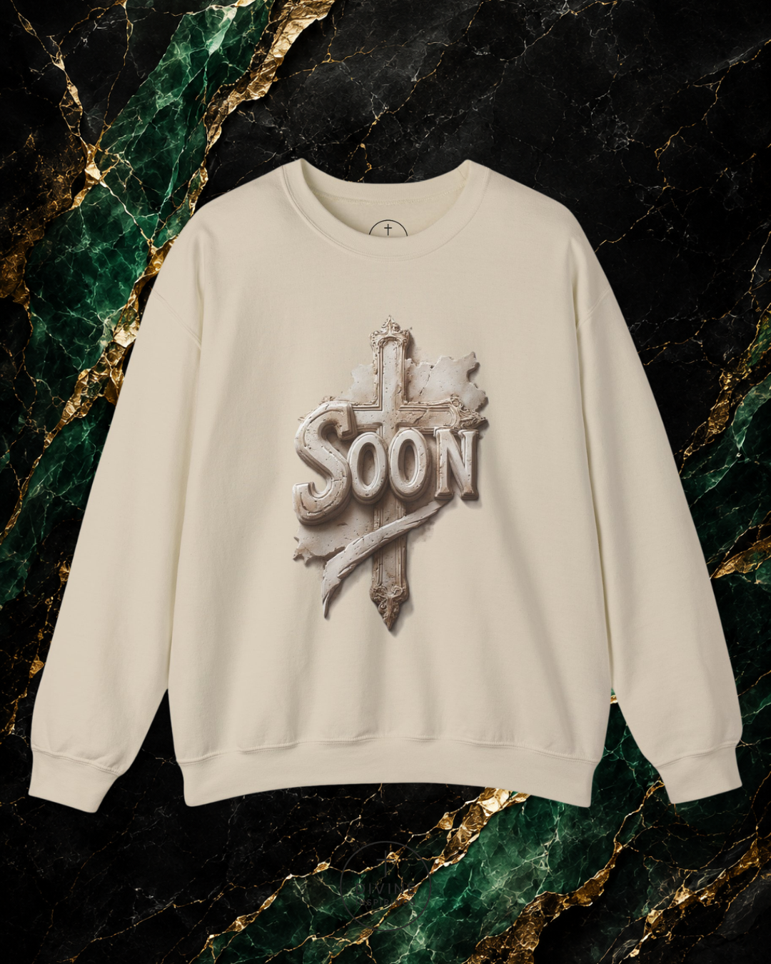 Beige sweatshirt with 'SOON' graphic on a marble background