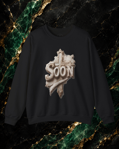 Black sweatshirt with 'SOON' graphic on a marble background