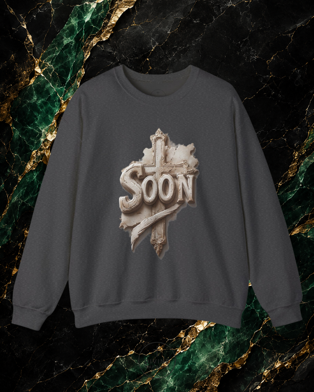 Gray sweatshirt with 'SOON' graphic on a marble background