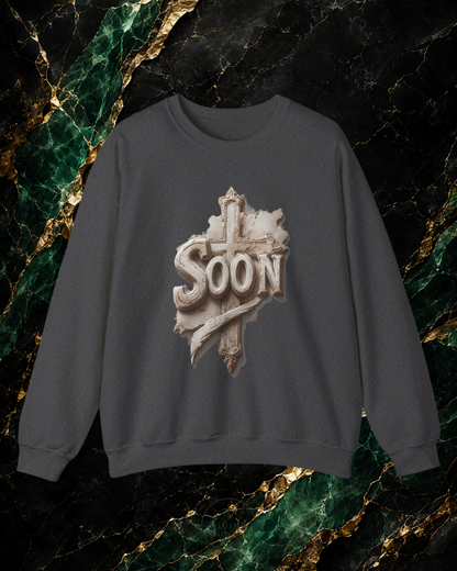 Gray sweatshirt with 'SOON' graphic on a marble background