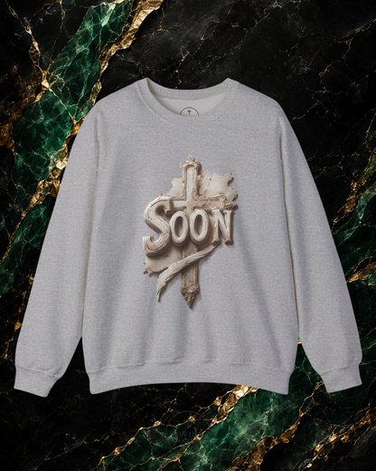 Gray sweatshirt with 'SOON' design on a marble background