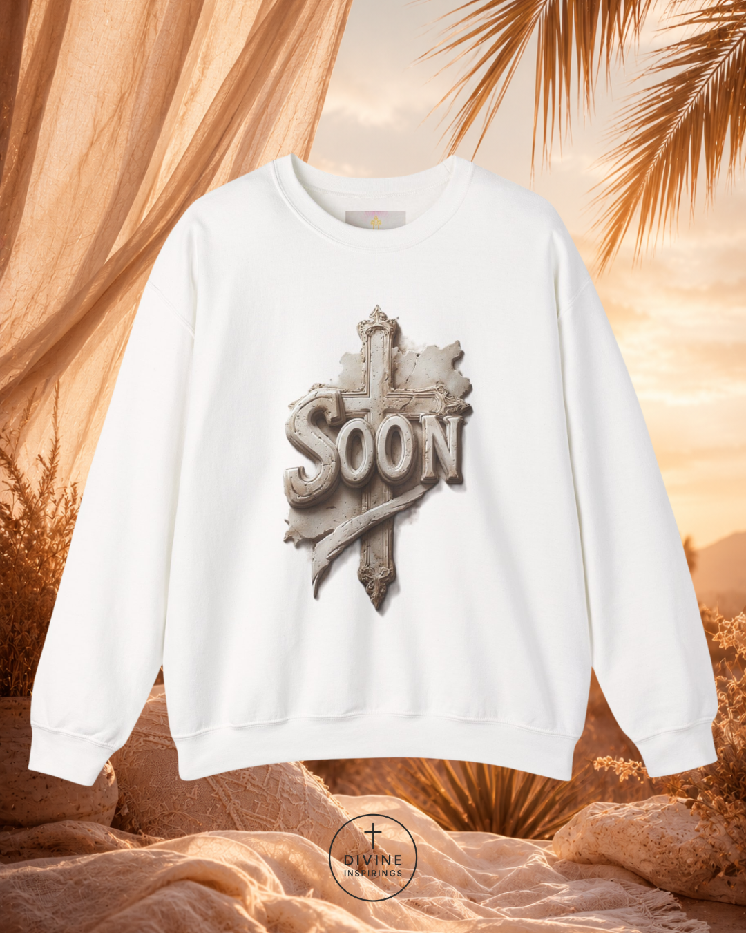 White sweatshirt with 'Soon' design on a warm-toned background