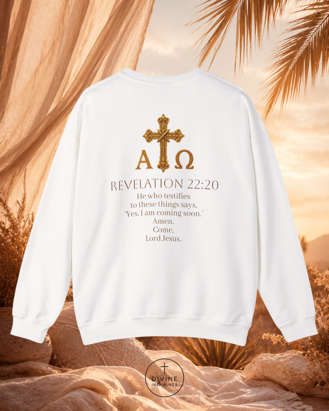 White sweatshirt with religious text and symbols against a warm, natural background
