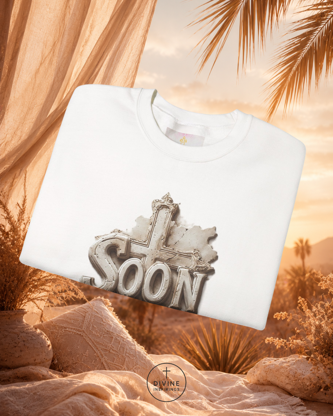 White sweatshirt with 'LOVE SOON' design against a desert landscape with palm trees.