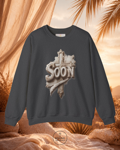 Dark gray sweatshirt with 'SOON' graphic design against a desert sunset background