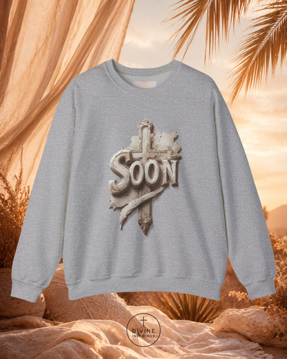 Gray sweatshirt with 'SOON' design against a desert sunset background