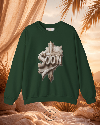 Black sweatshirt with 'SOON' design against a desert sunset background