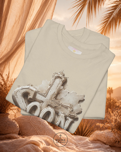 Beige sleeveless shirt with decorative text design on a desert background