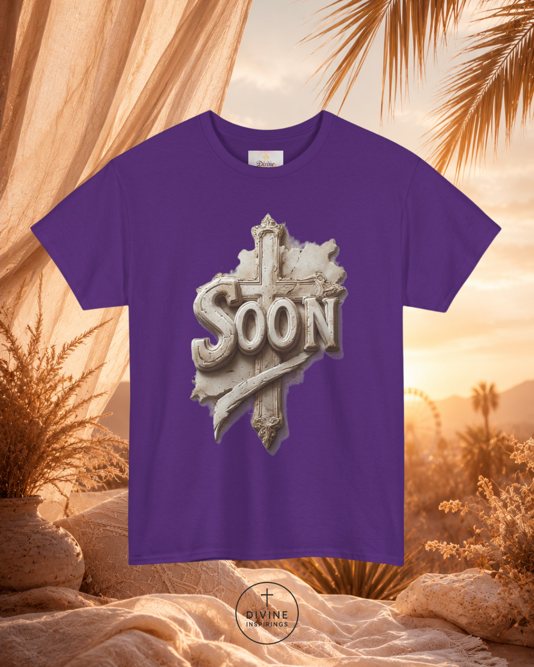 Purple t-shirt with 'SOON' design against a desert landscape background