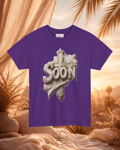 Purple t-shirt with 'SOON' design against a desert landscape background