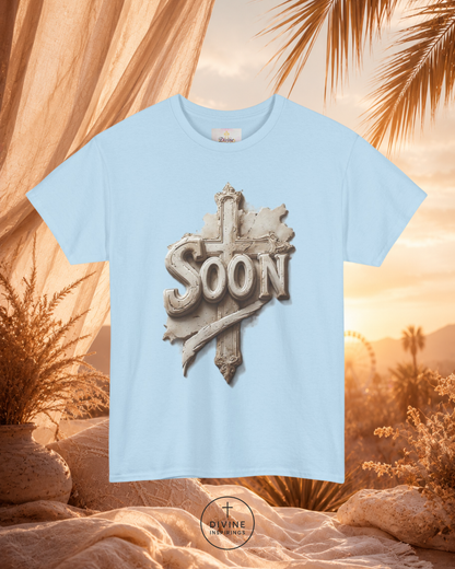 Light blue t-shirt with 'SOON' graphic design on a desert landscape background