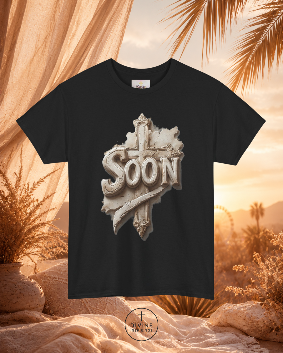 Black t-shirt with 'SOON' graphic design against a desert landscape background
