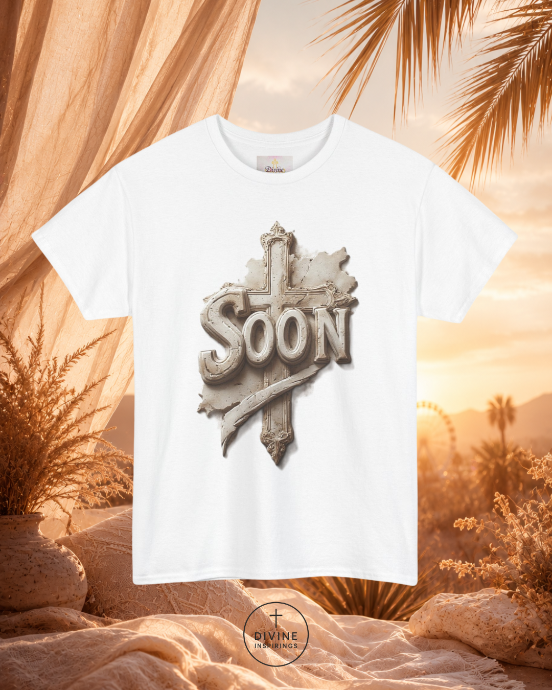 White t-shirt with 'SOON' graphic design against a desert landscape background