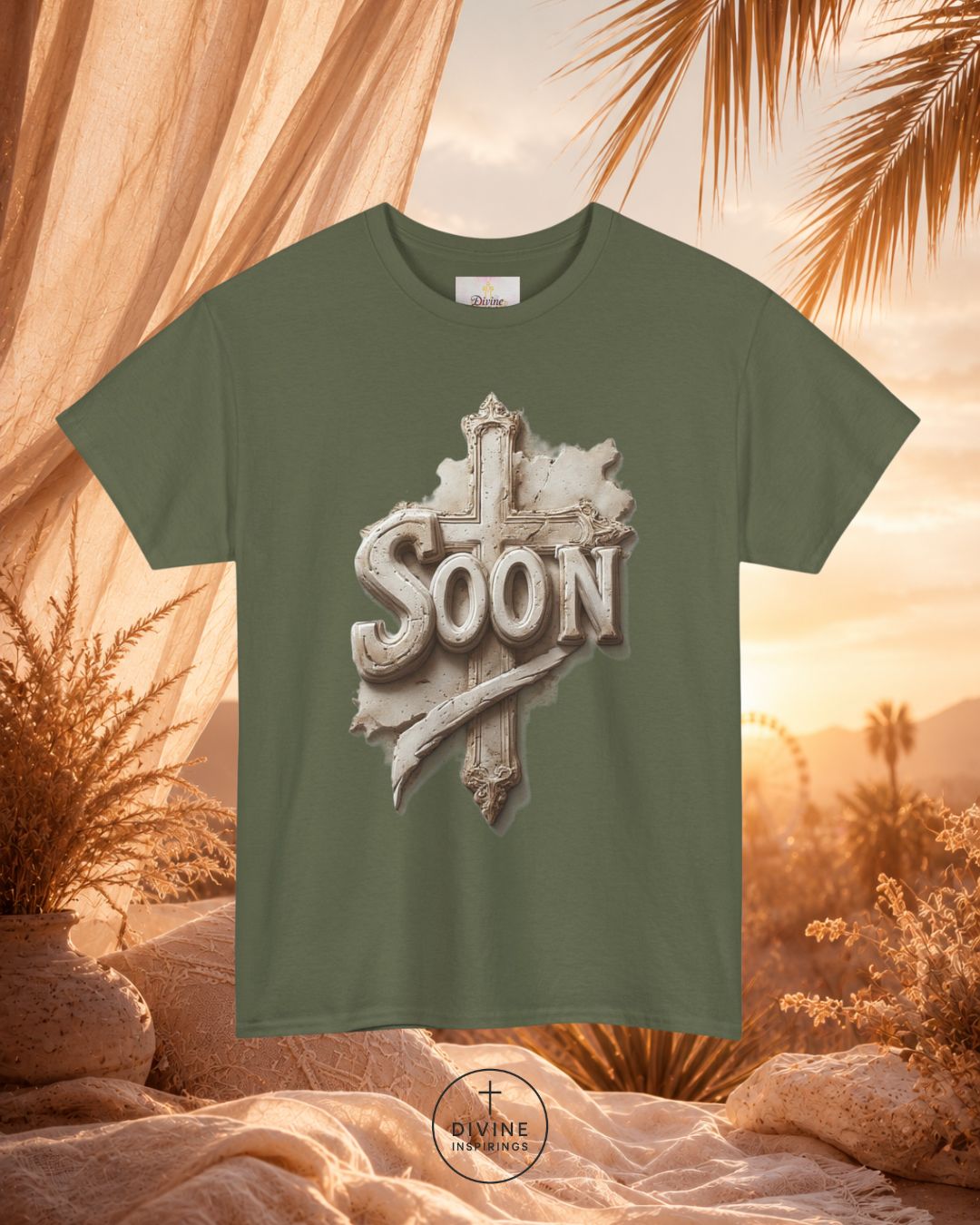 Green t-shirt with 'SOON' graphic design against a desert landscape background