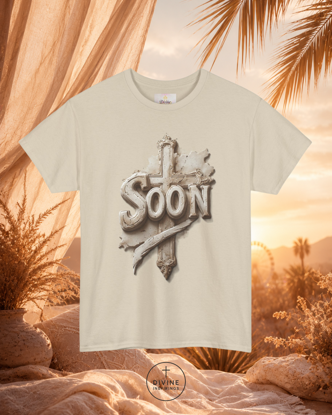 Beige t-shirt with 'SOON' graphic design against a desert landscape background