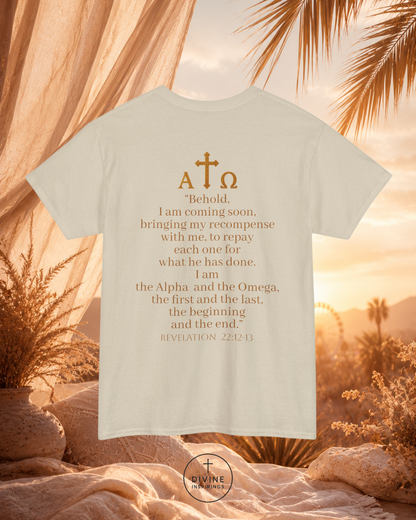 T-shirt with religious text and symbols on a nature-themed background