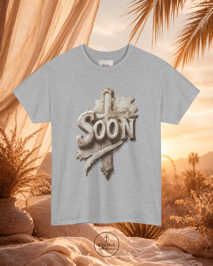Gray t-shirt with 'SOON' graphic design on a desert landscape background