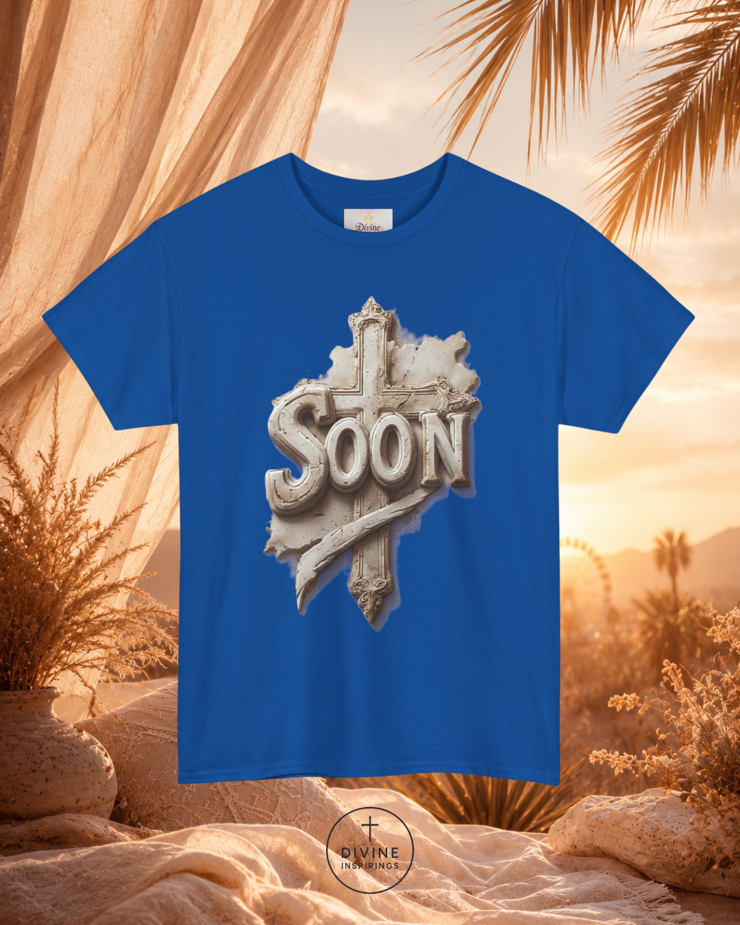 Blue t-shirt with 'SOON' design against a desert landscape background