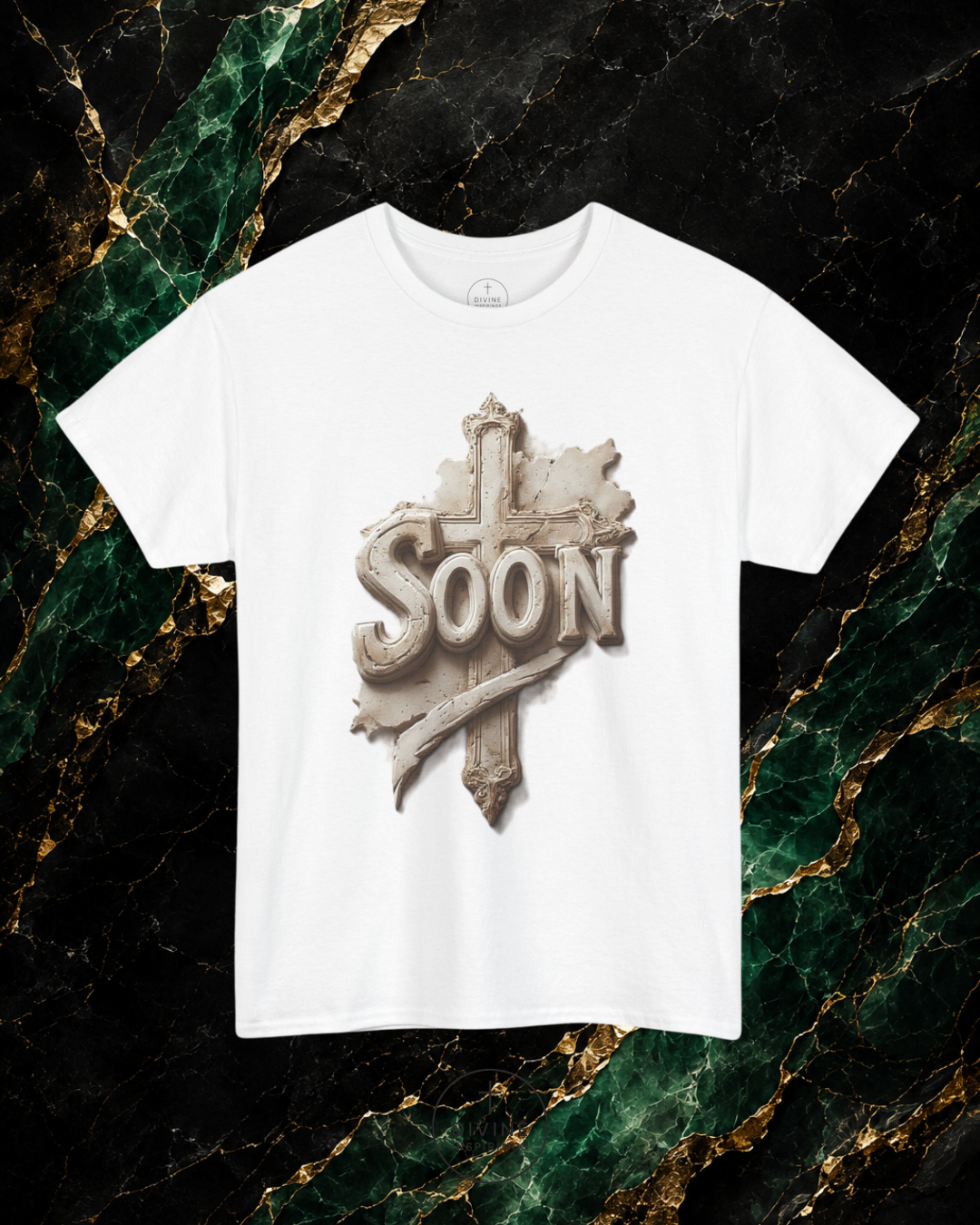 White t-shirt with 'SOON' graphic design on a marble background