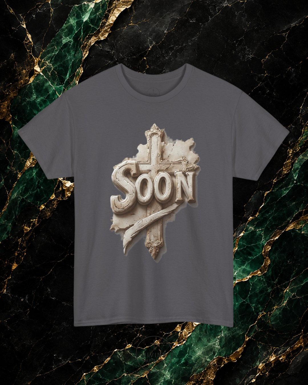 Gray t-shirt with 'SOON' graphic design on a marble background