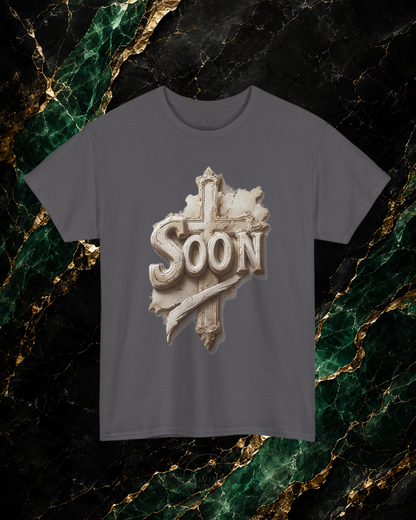 Gray t-shirt with 'SOON' graphic design on a marble background