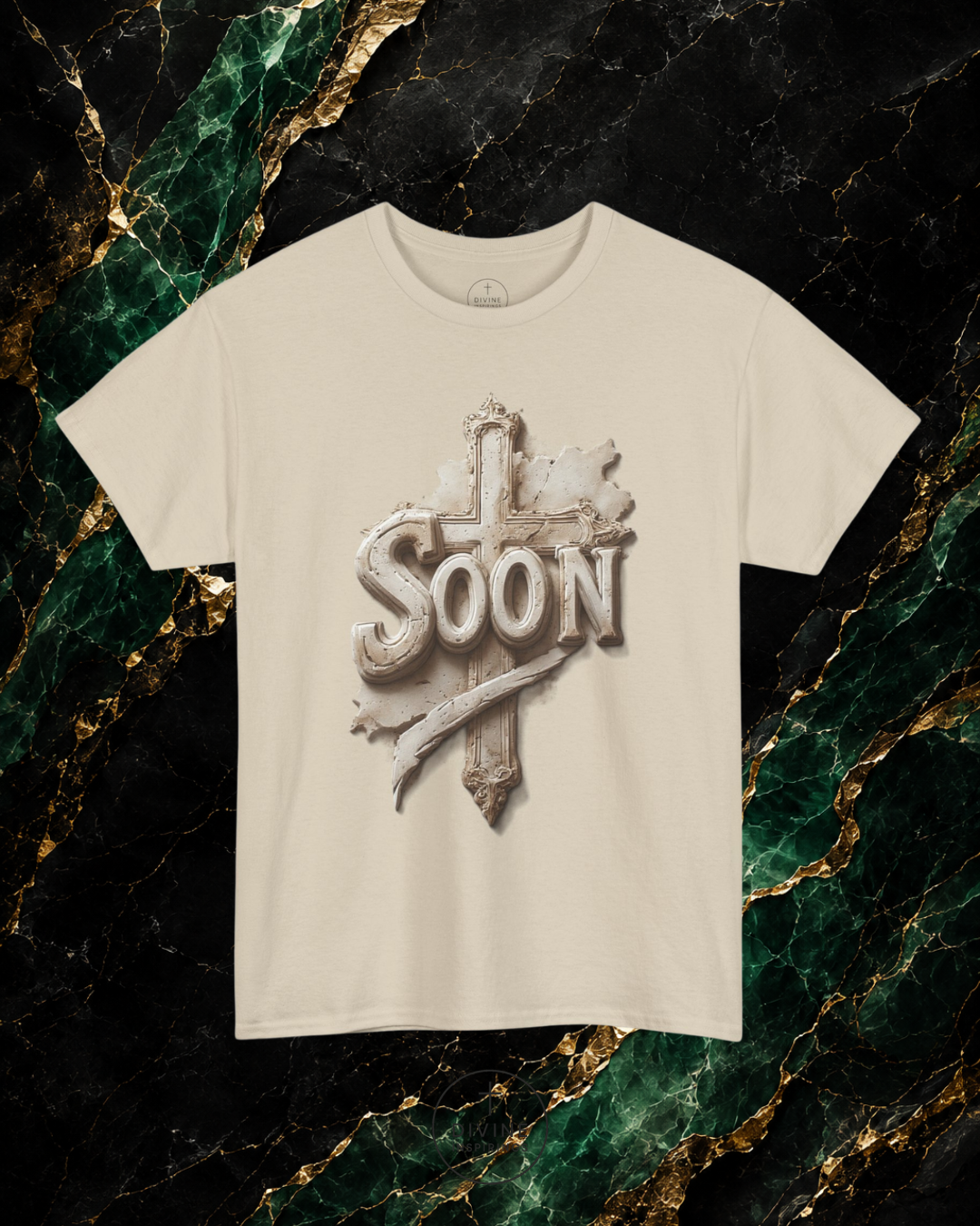 Beige t-shirt with 'Soon' graphic design on a marble background