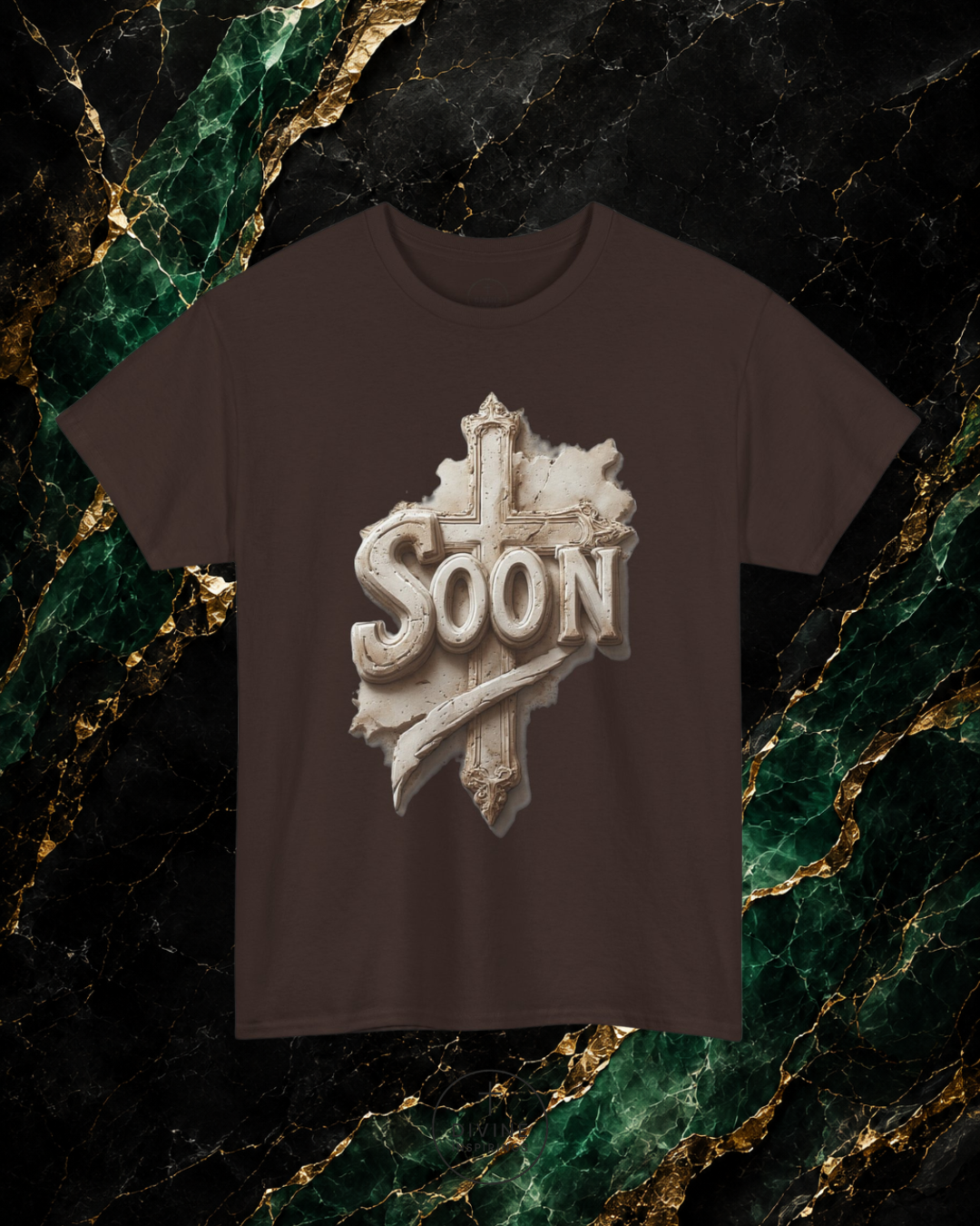 Brown t-shirt with 'Soon' graphic design on a marble background