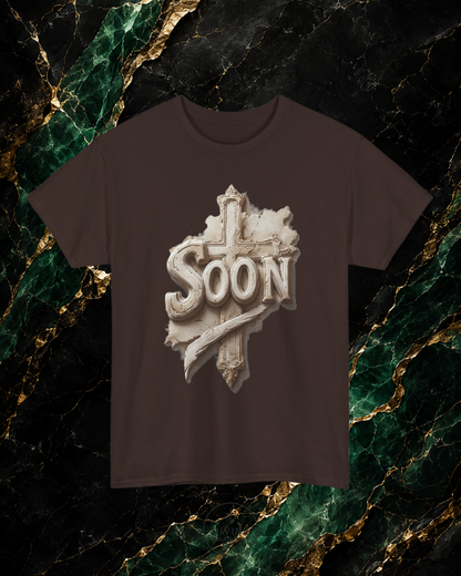 Brown t-shirt with 'Soon' graphic design on a marble background