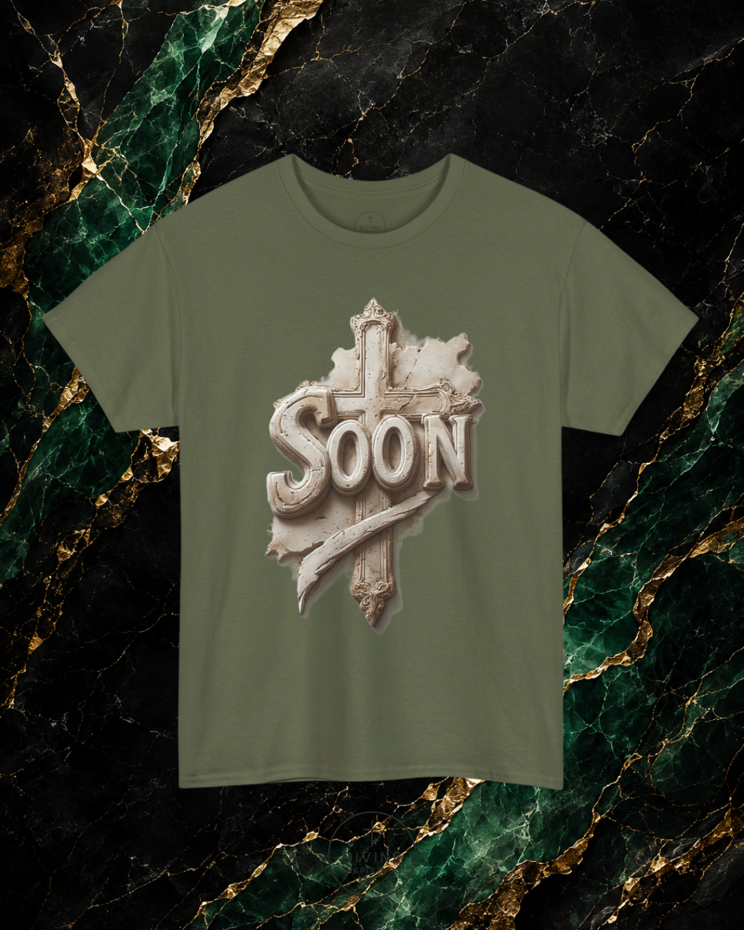 Green t-shirt with 'SOON' graphic design on a marble background