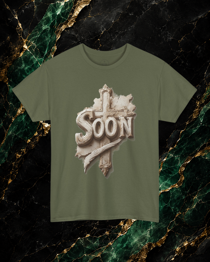 Green t-shirt with 'SOON' graphic design on a marble background