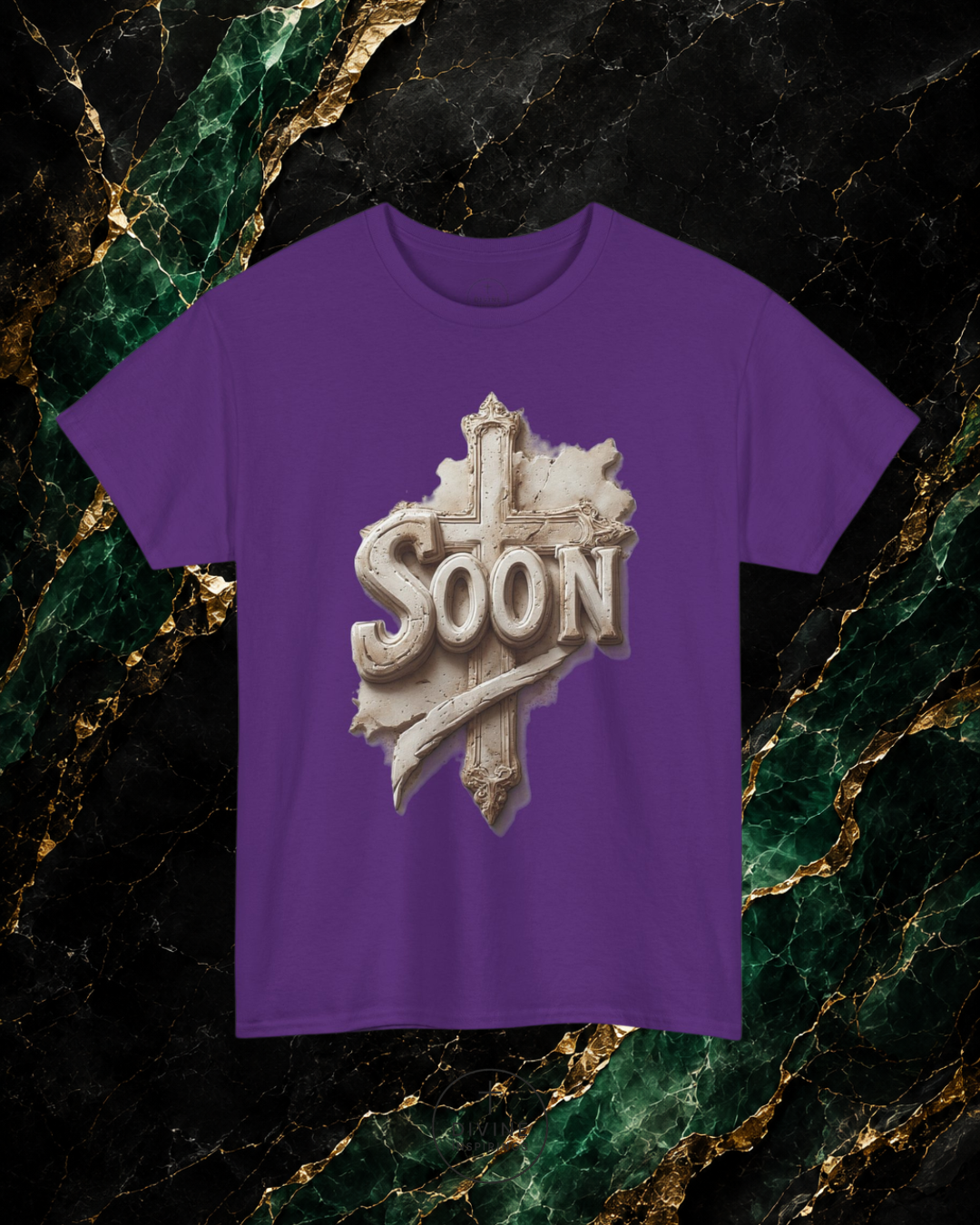 Purple t-shirt with 'SOON' graphic design on a marble background