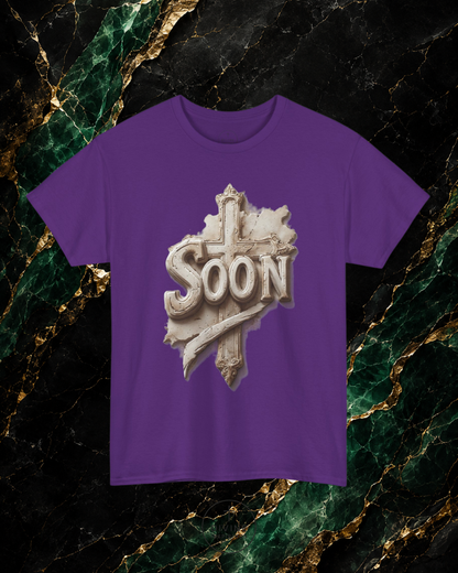 Purple t-shirt with 'SOON' graphic design on a marble background