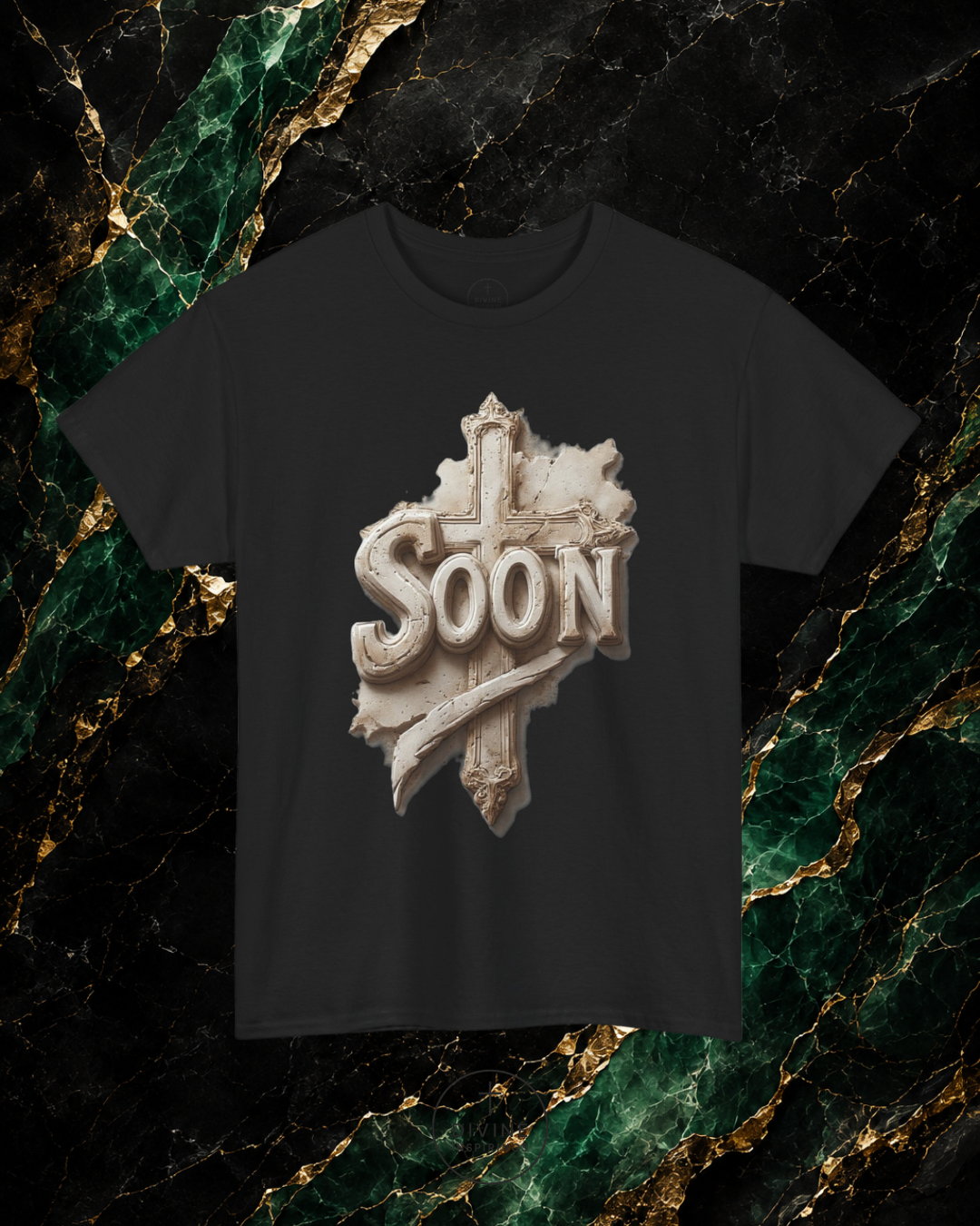 Black t-shirt with 'SOON' graphic design on a marble background