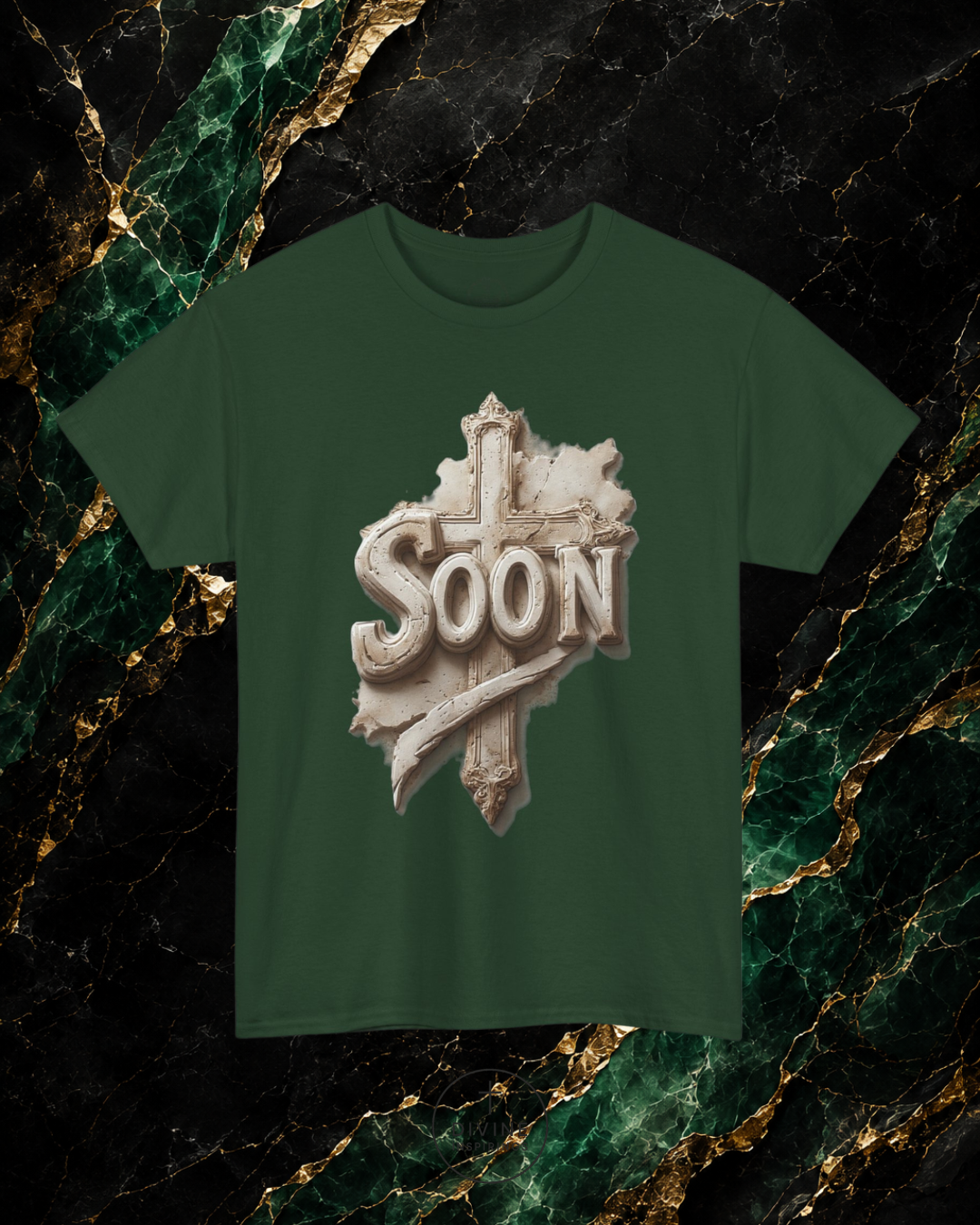 Green t-shirt with 'Soon' design on a marble background