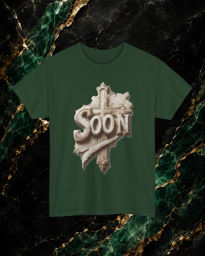 Green t-shirt with 'Soon' design on a marble background